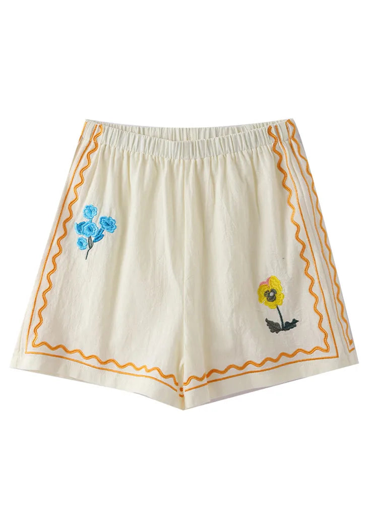 Embroidery Flower Shorts Suit Cotton Set