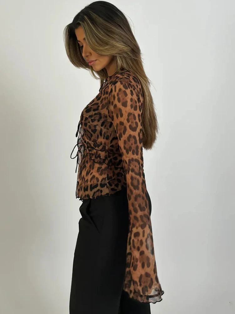 Leopard Print Chiffon Flare V-Neck Top