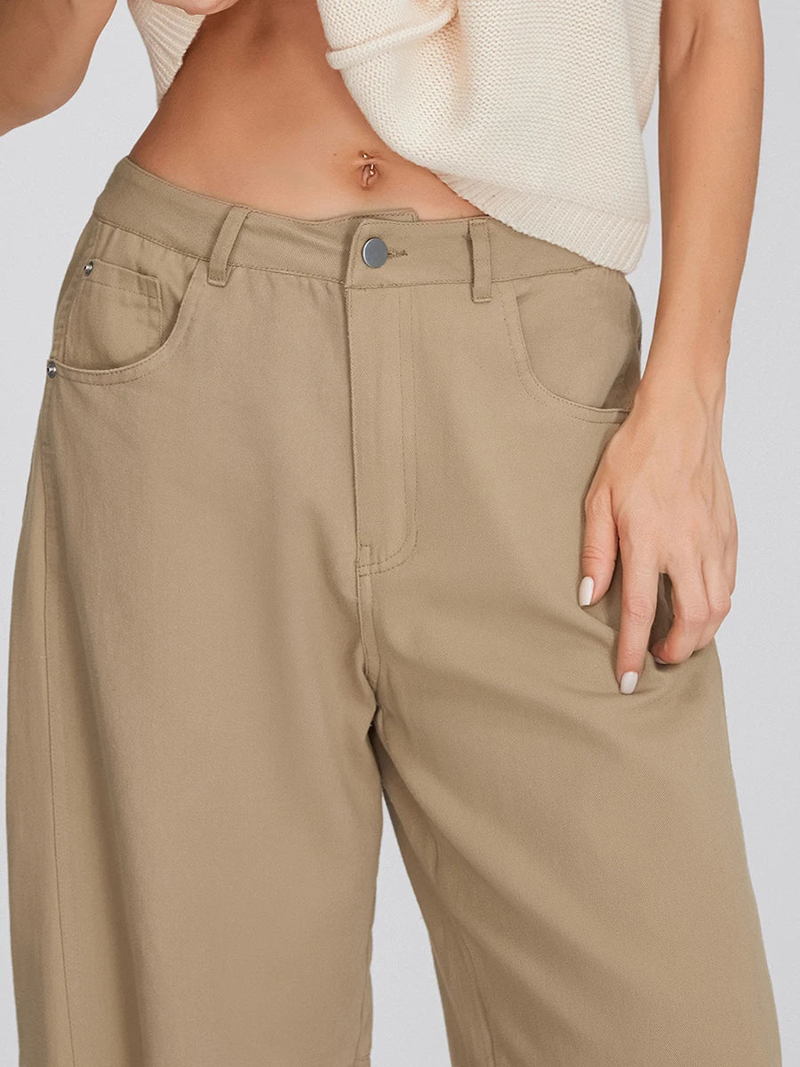 Wide Leg Jeans Solid Color Mid-Rise Denim Pants