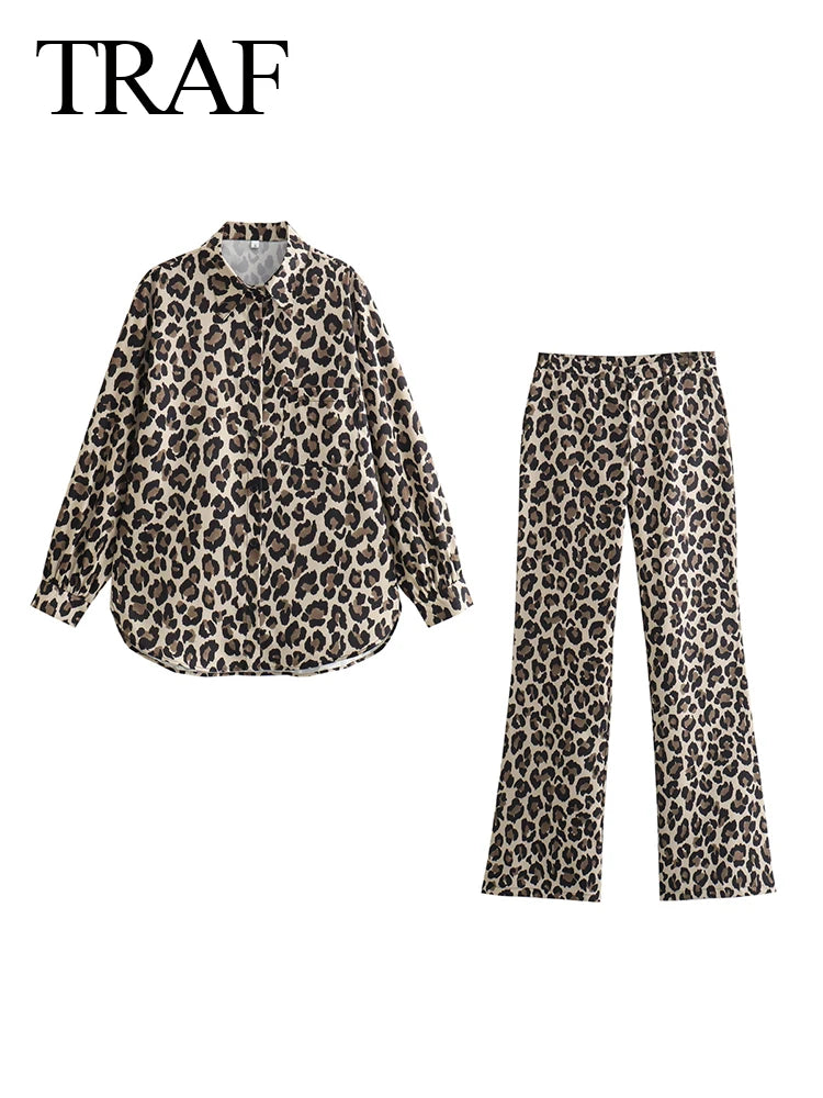 Vintage Leopard Printed Suits: Long Sleeves Shirt +Straight Trousers Set