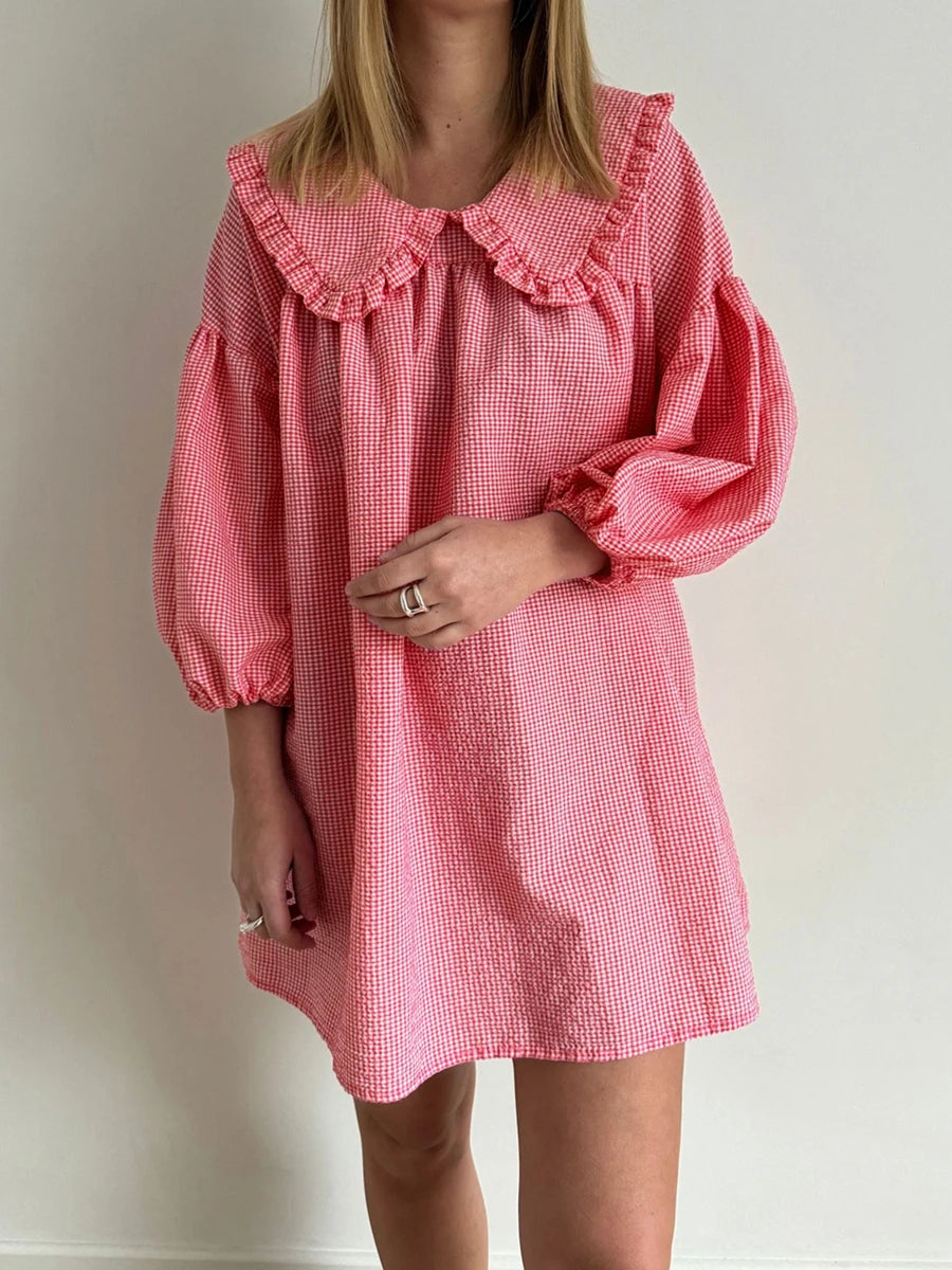 Ruffle Collar Dress With Plaid Print