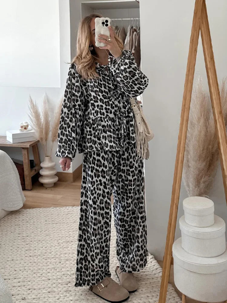 Bow Lace Up Long Sleeve Shirt, Wide Leg Pants Set