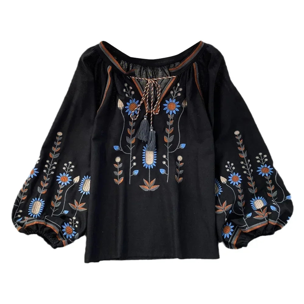 V-neck Long Lantern Sleeve Embroidery Shirt