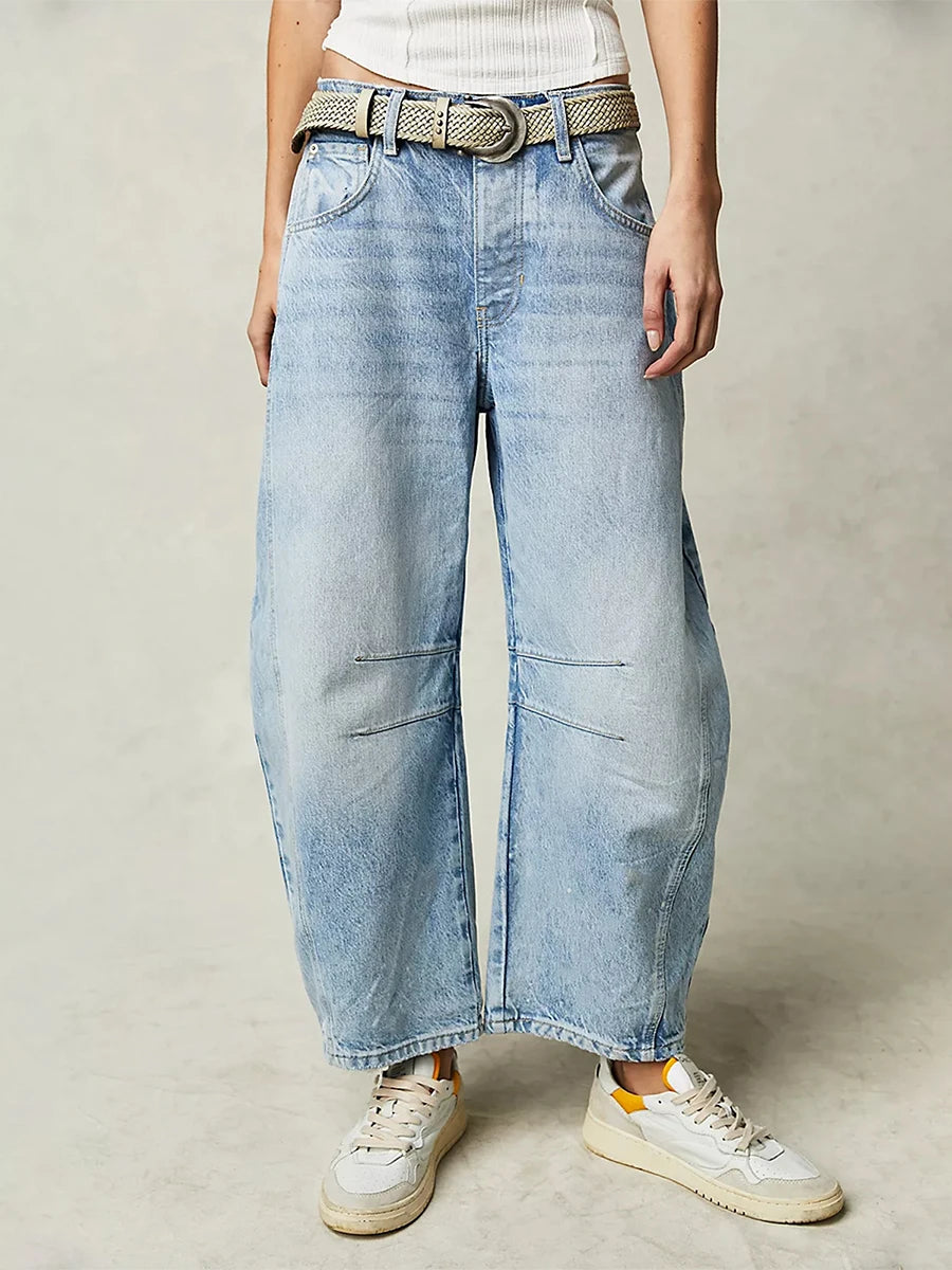 Wide Leg Jeans Solid Color Mid-Rise Denim Pants