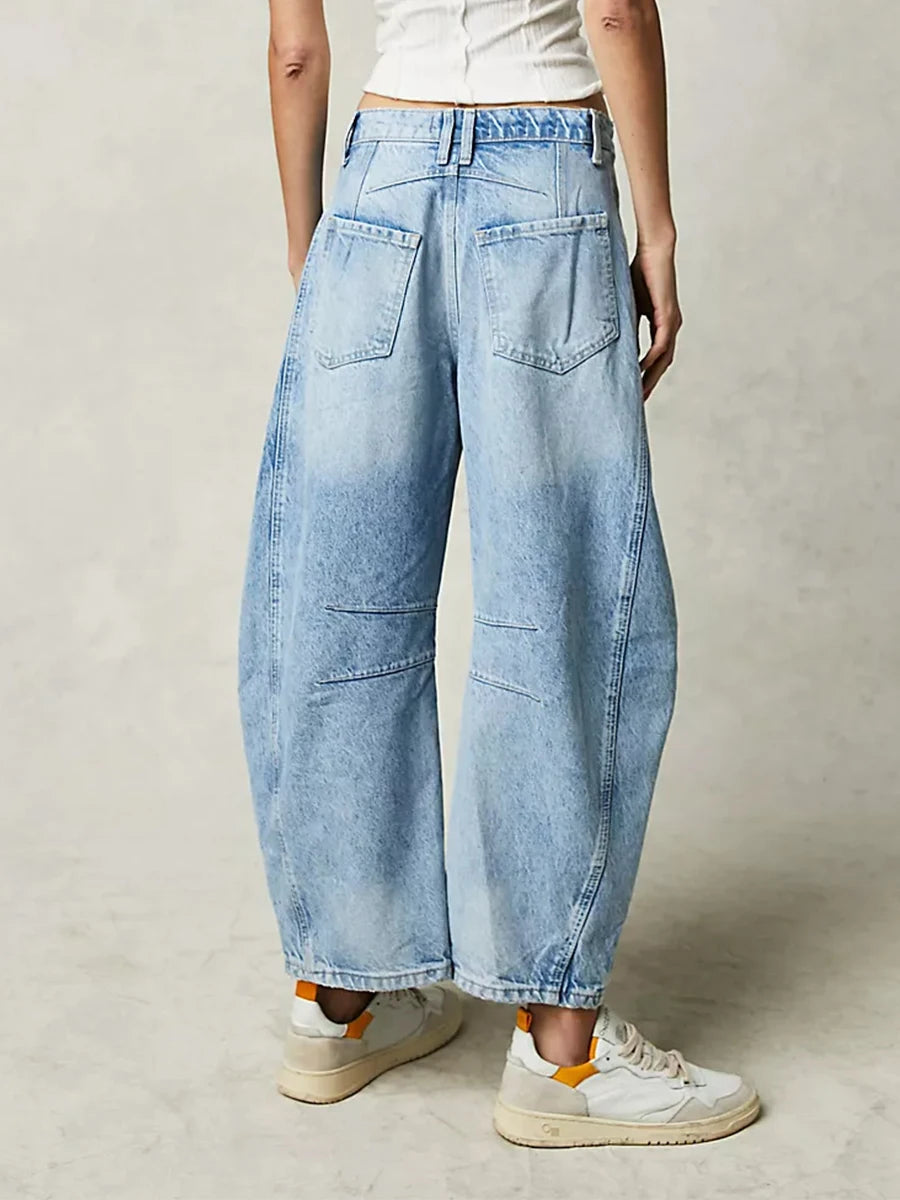 Wide Leg Jeans Solid Color Mid-Rise Denim Pants
