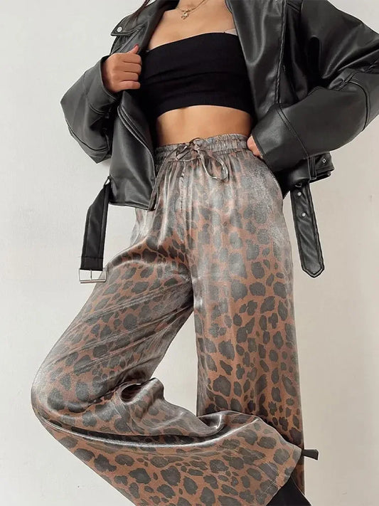 Leopard Print Wide Leg Glitter Pants