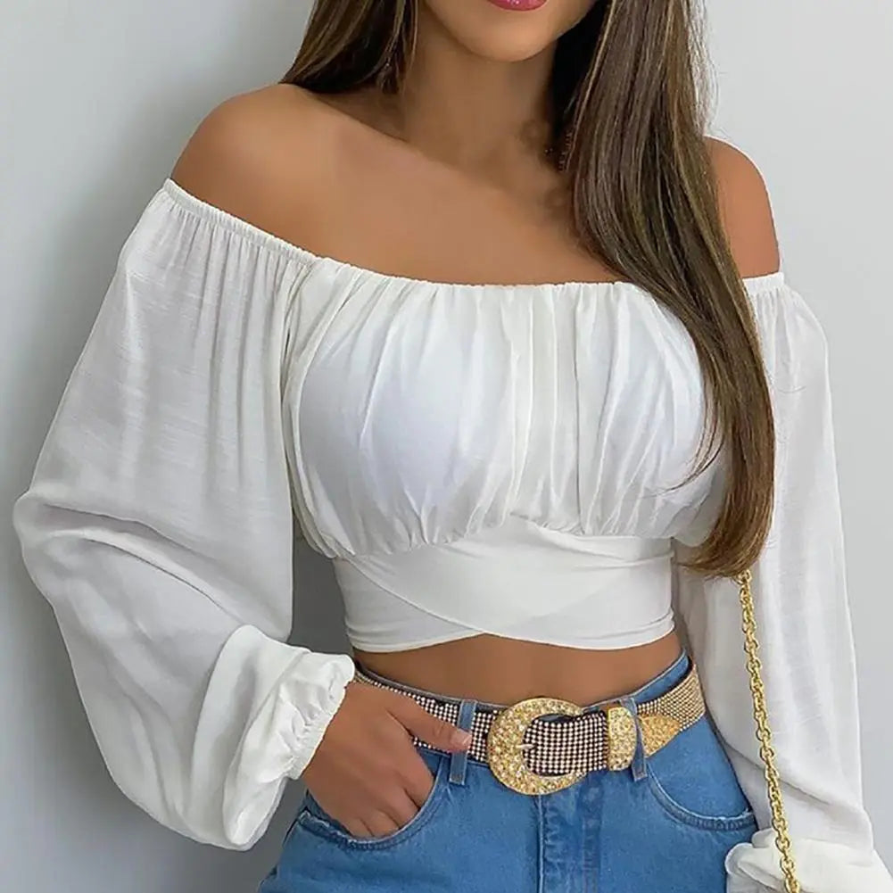 Off Shoulder Puff Sleeve Crop Top T-Shirt