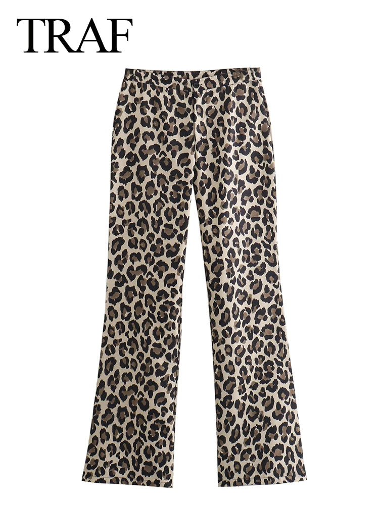 Vintage Leopard Printed Suits: Long Sleeves Shirt +Straight Trousers Set