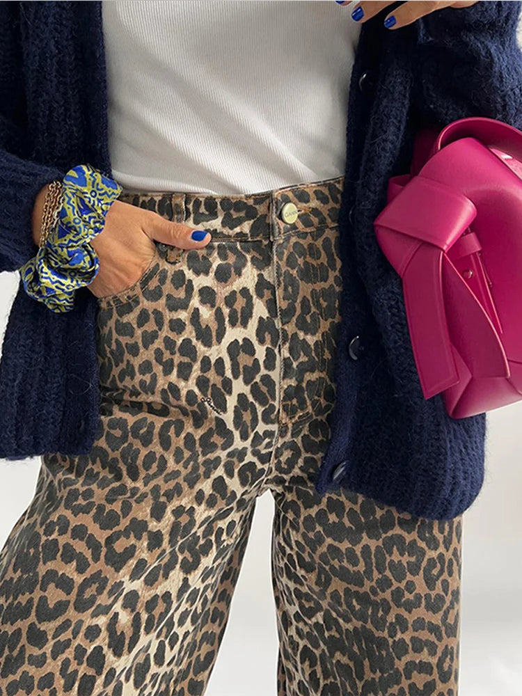 Leopard Print Wide Leg Glitter Pants