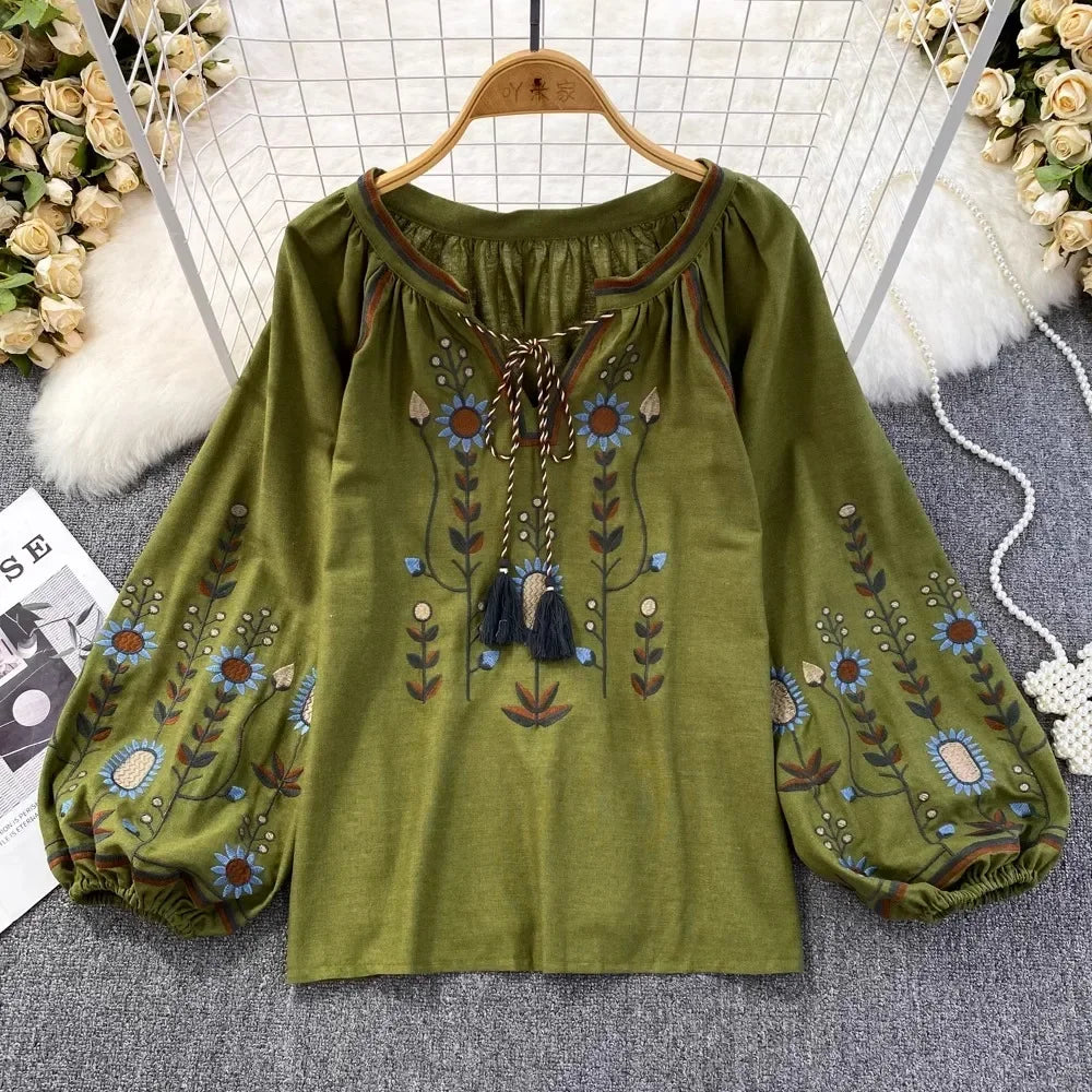 V-neck Long Lantern Sleeve Embroidery Shirt