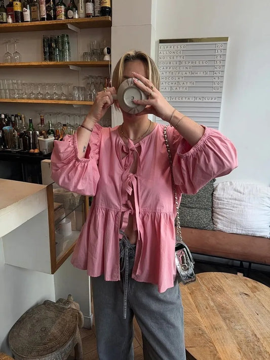 Hollow Out Lace Up Shirt - Lady Blouse