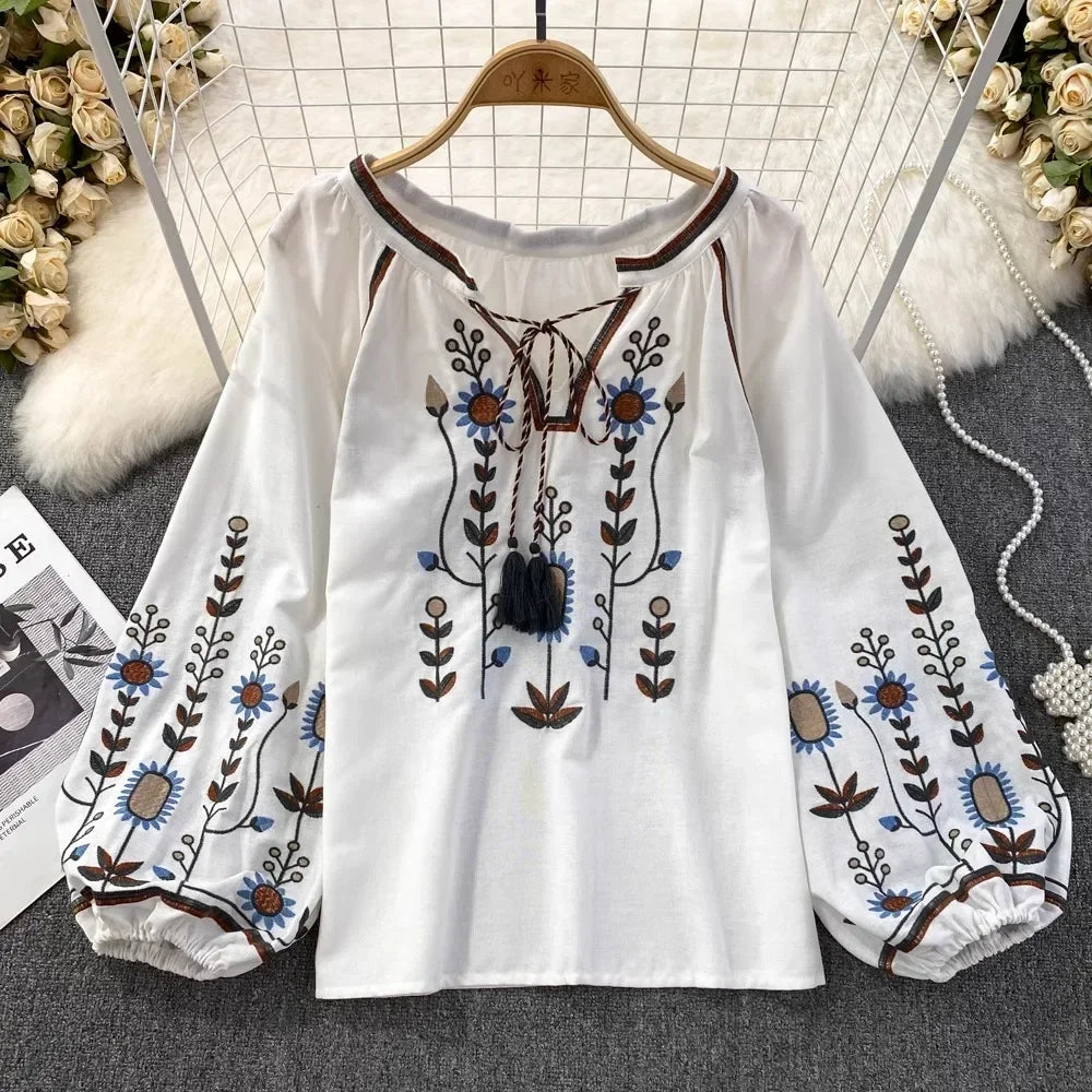 V-neck Long Lantern Sleeve Embroidery Shirt