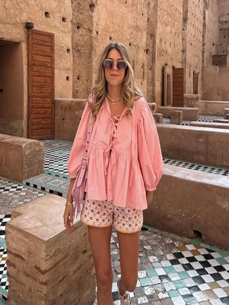 Hollow Out Lace Up Shirt - Lady Blouse