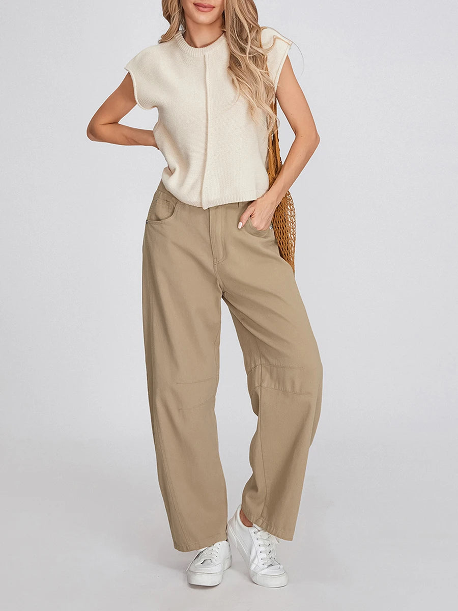 Wide Leg Jeans Solid Color Mid-Rise Denim Pants