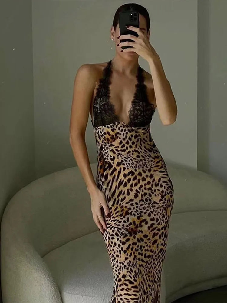 Lace Leopard Patchwork Halter Long Dress