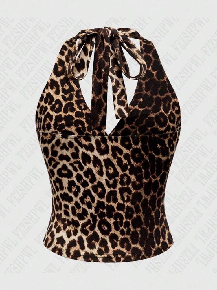 Leopard Print Slim Halter Tops