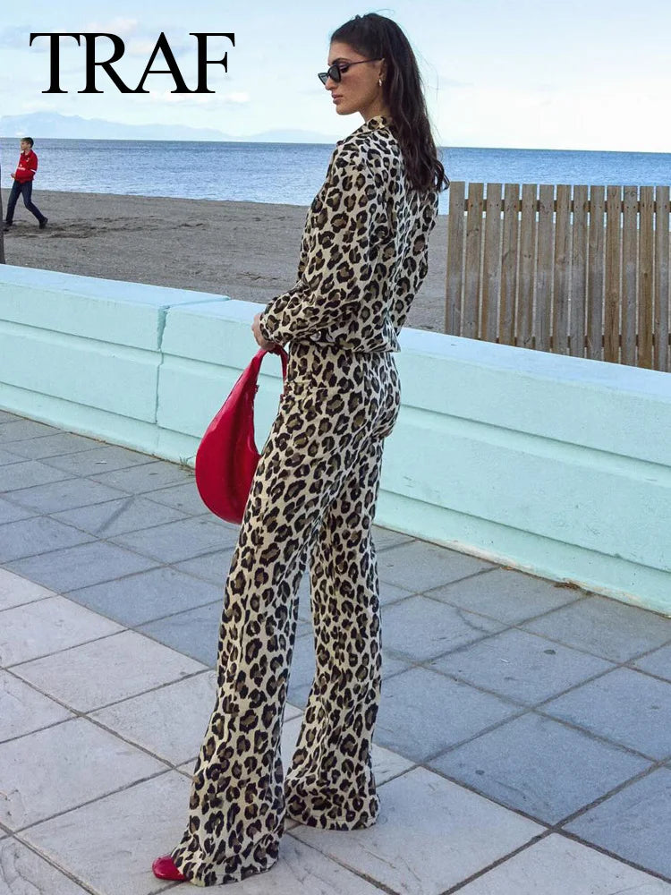 Vintage Leopard Printed Suits: Long Sleeves Shirt +Straight Trousers Set