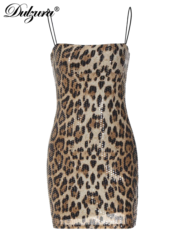 Leopard Print Shoulder Strap Sparkly Mini Dress