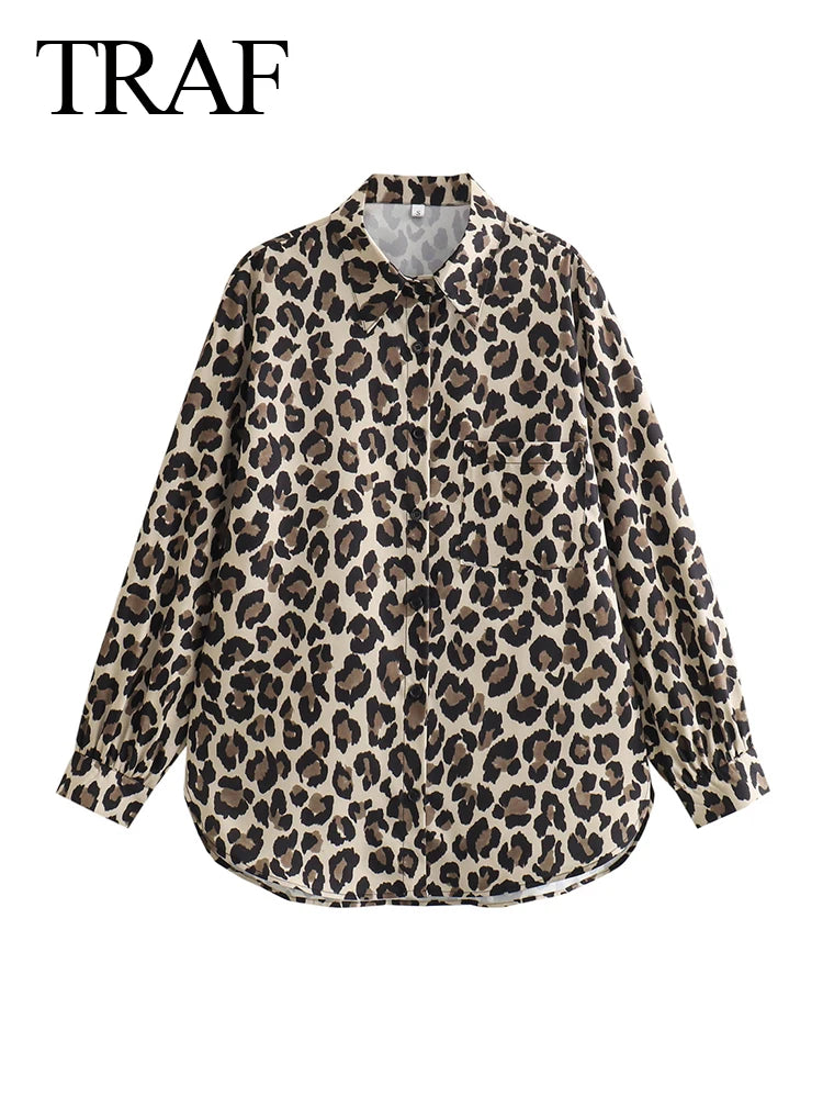 Vintage Leopard Printed Suits: Long Sleeves Shirt +Straight Trousers Set