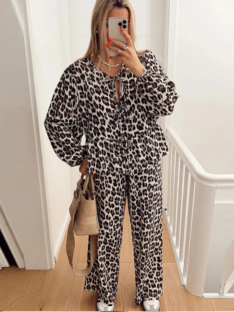 Bow Lace Up Long Sleeve Shirt, Wide Leg Pants Set