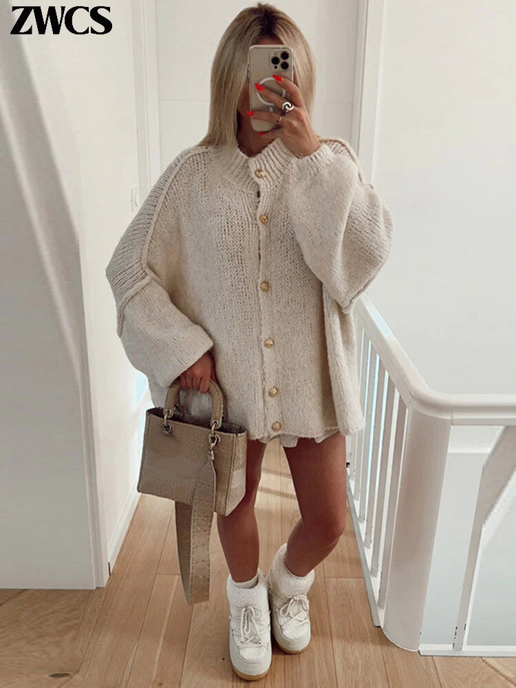 Lantern Sleeve Knitted Cardigan