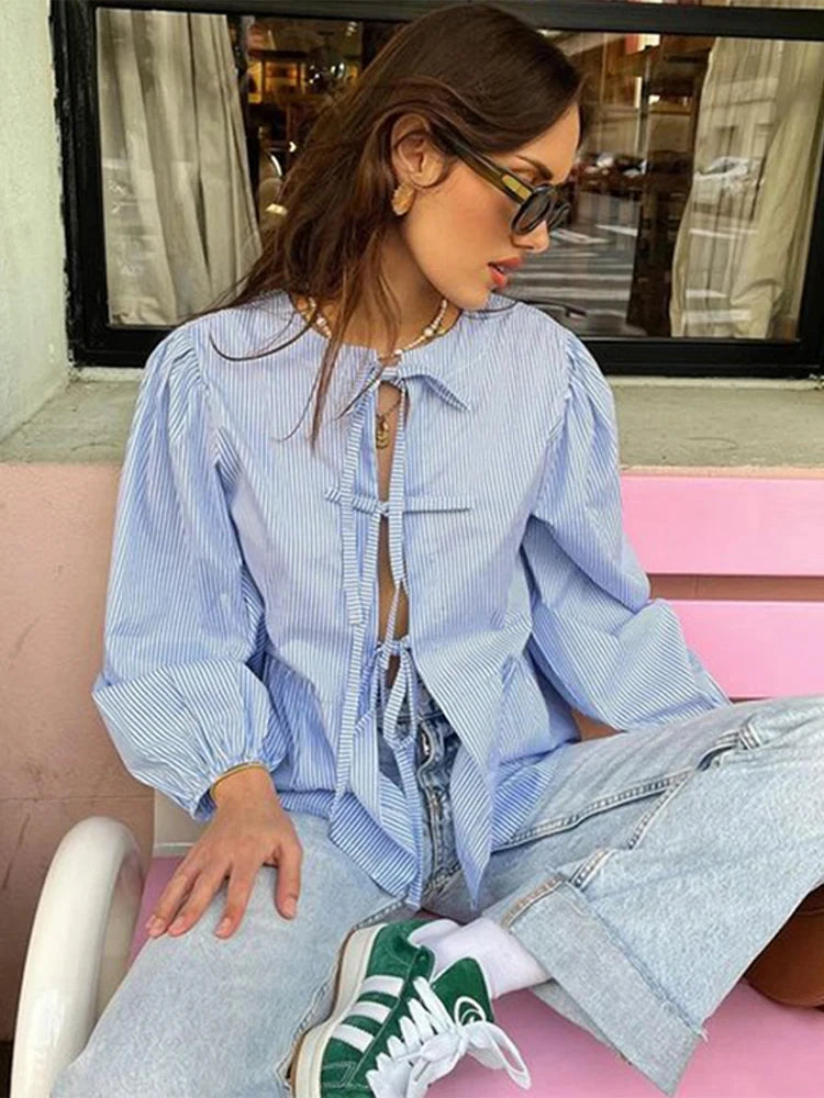 Hollow Out Lace Up Shirt - Lady Blouse