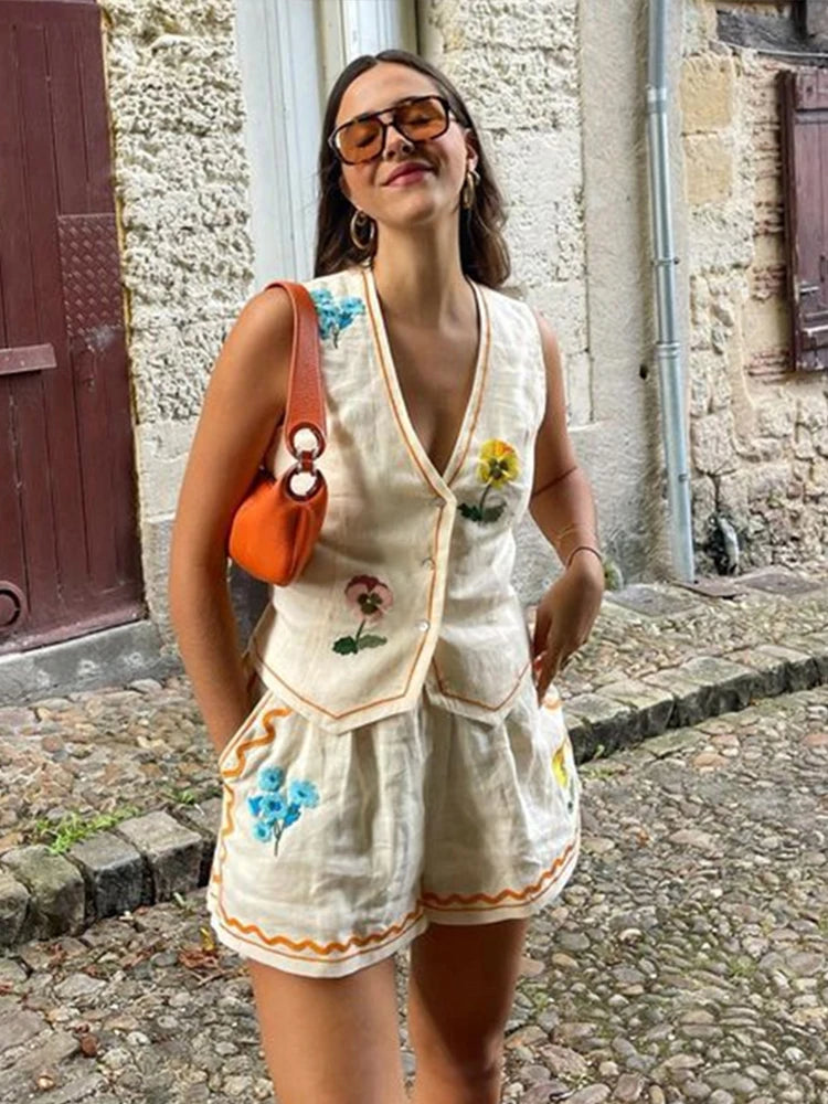 Embroidery Flower Shorts Suit Cotton Set