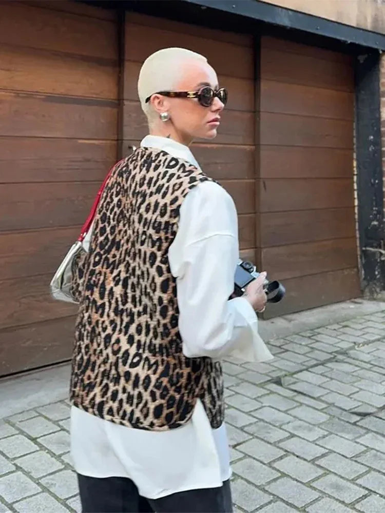 Leopard Print Bow Lace Up Vest