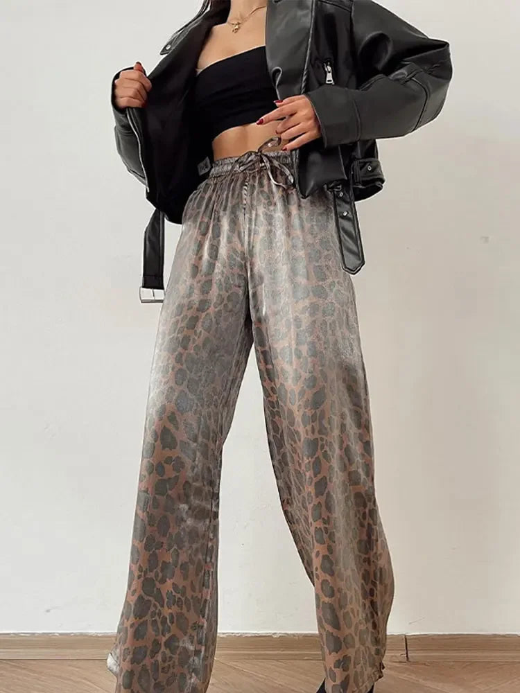 Leopard Print Wide Leg Glitter Pants