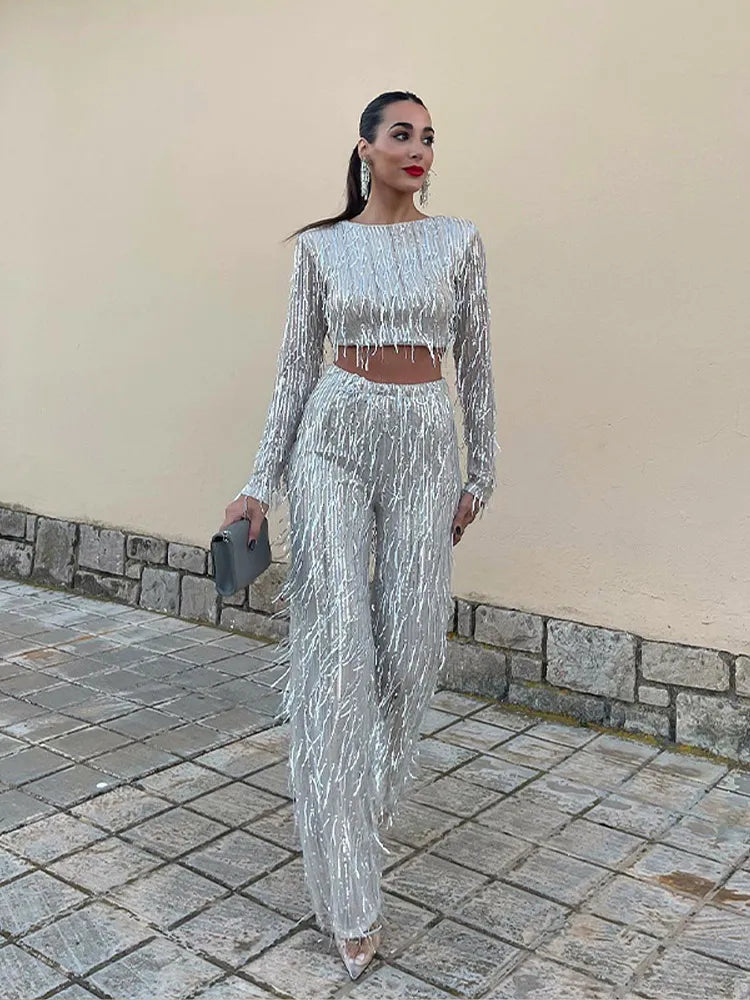 Tassel Sequin Silver Bright Silk Set