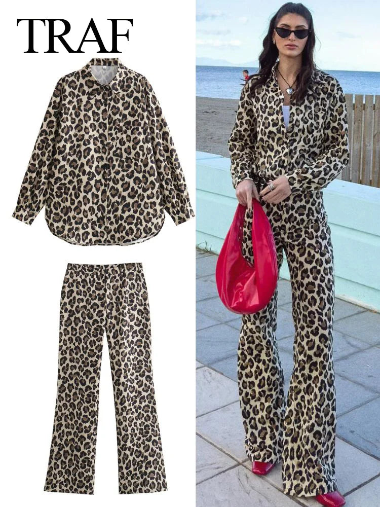 Vintage Leopard Printed Suits: Long Sleeves Shirt +Straight Trousers Set