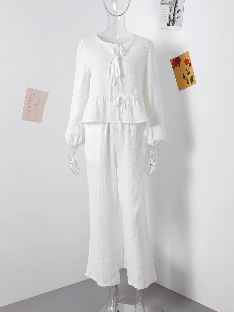 Bow Lace Up Long Sleeve Shirt, Wide Leg Pants Set