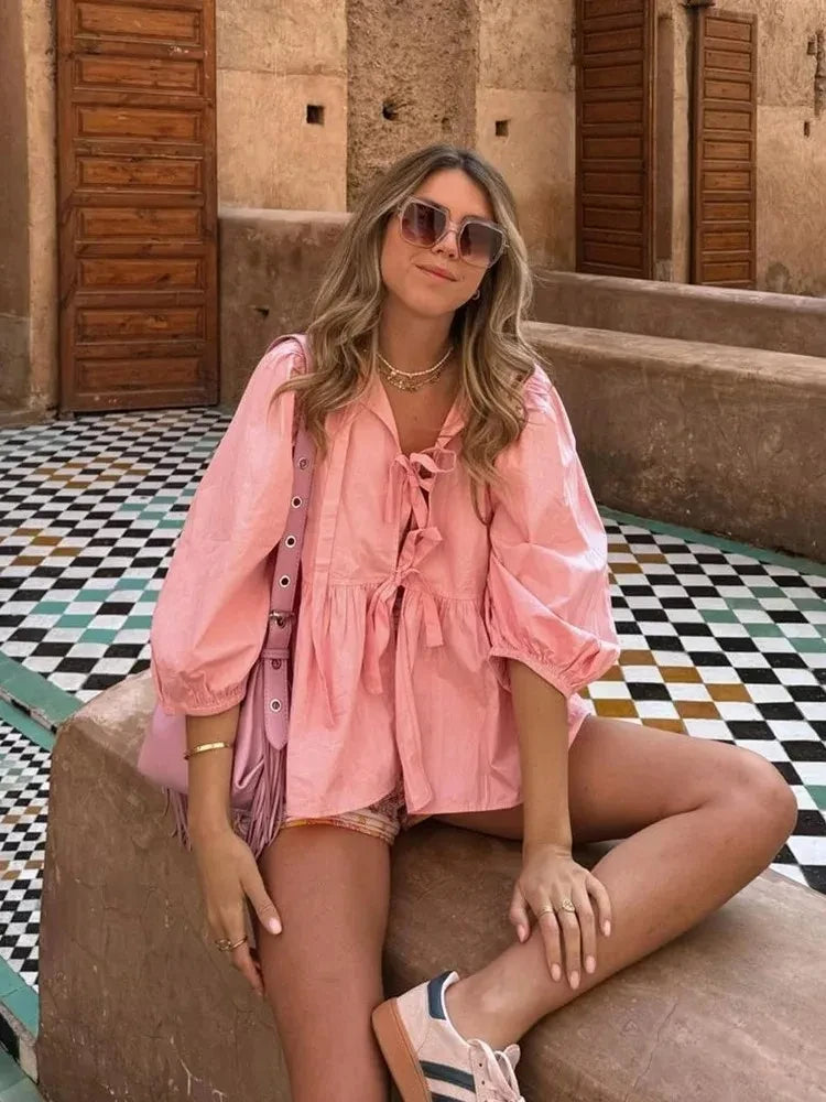 Hollow Out Lace Up Shirt - Lady Blouse