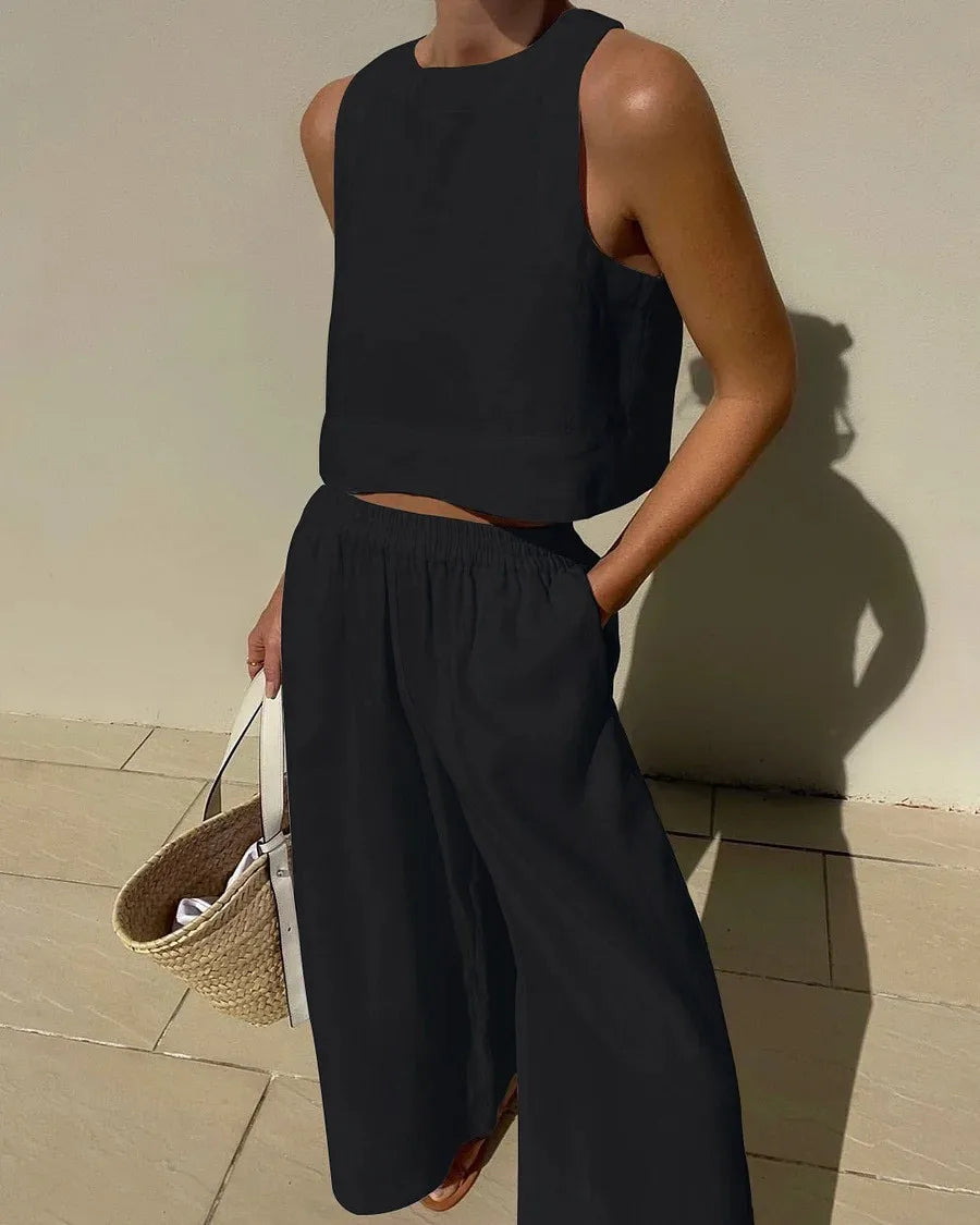Linen Crop Top - Pant Set