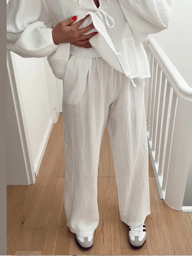 Bow Lace Up Long Sleeve Shirt, Wide Leg Pants Set