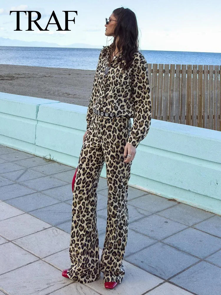 Vintage Leopard Printed Suits: Long Sleeves Shirt +Straight Trousers Set