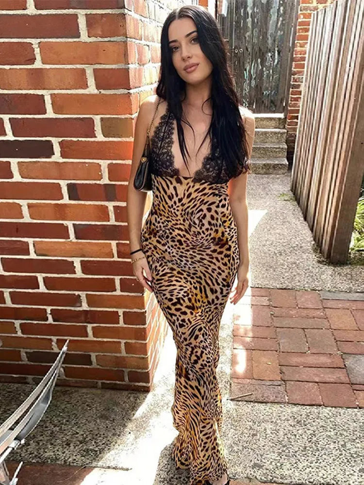 Lace Leopard Patchwork Halter Long Dress