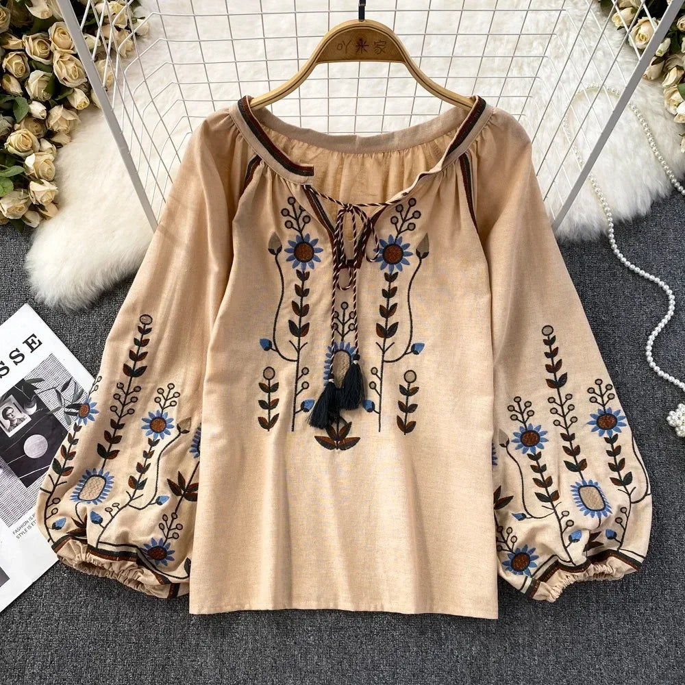 V-neck Long Lantern Sleeve Embroidery Shirt