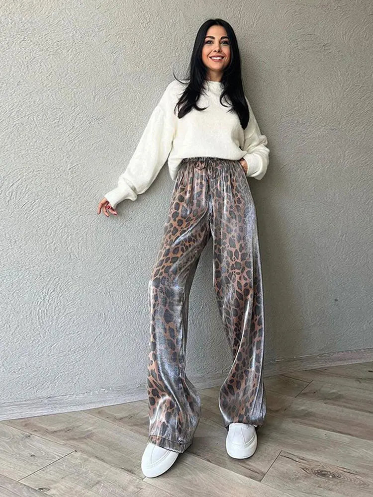 Leopard Print Wide Leg Glitter Pants
