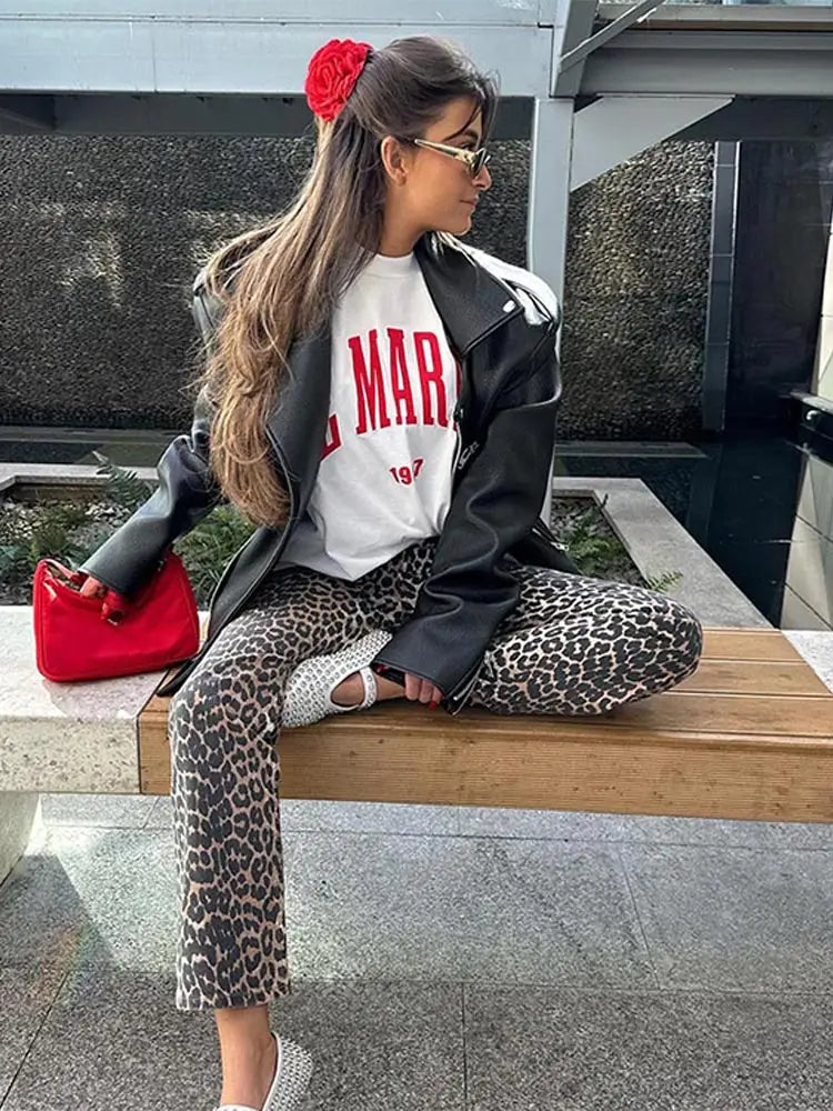 Leopard Print Wide Leg Glitter Pants