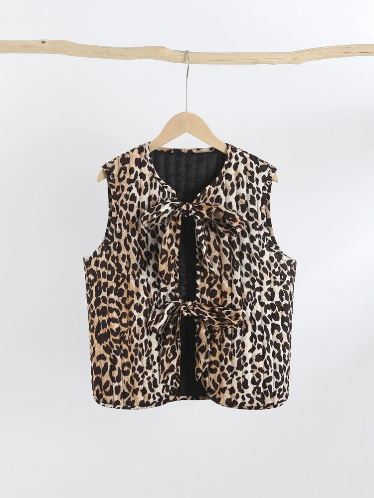 Leopard Print Bow Lace Up Vest