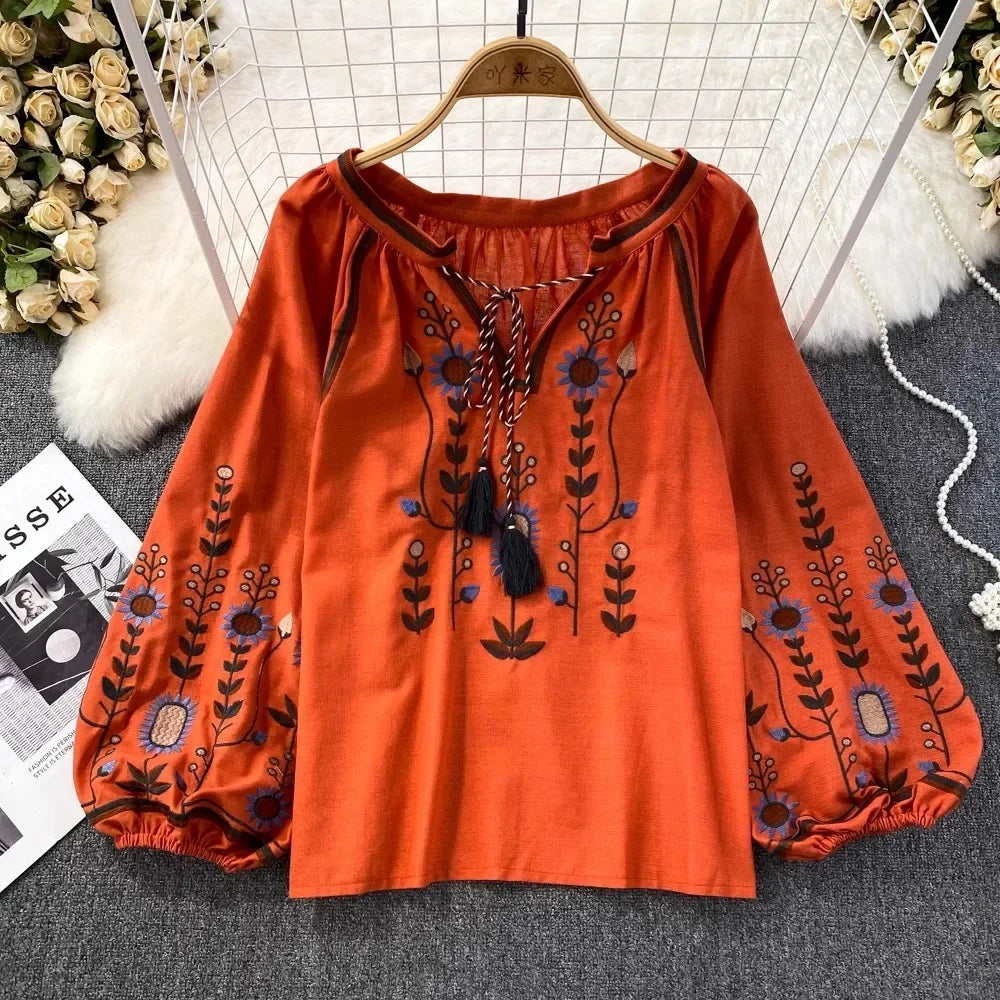 V-neck Long Lantern Sleeve Embroidery Shirt