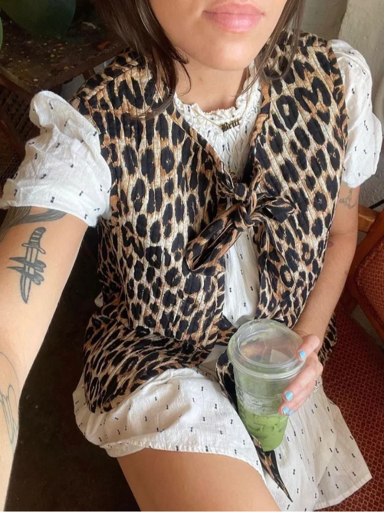 Leopard Print Bow Lace Up Vest