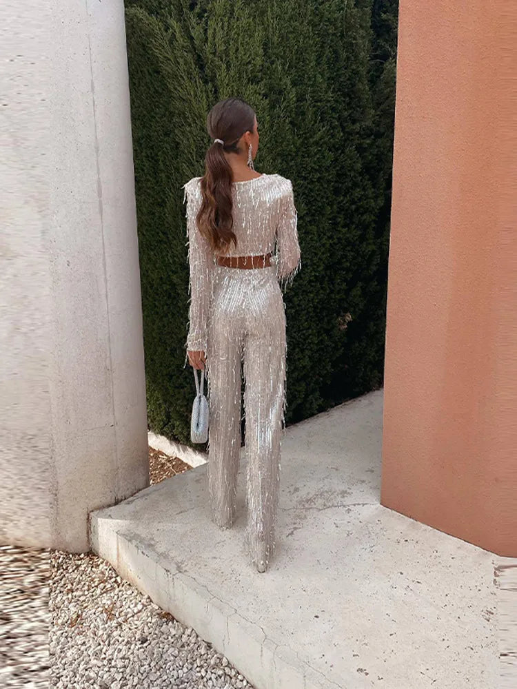Tassel Sequin Silver Bright Silk Set