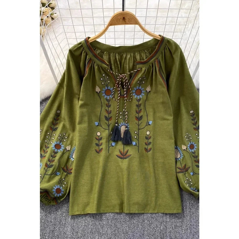 V-neck Long Lantern Sleeve Embroidery Shirt
