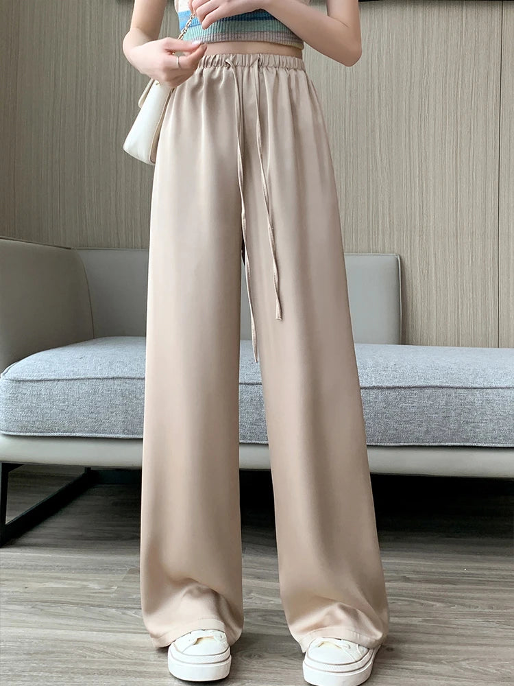 Wide Leg Silk Straight Trousers