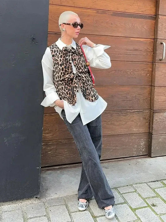 Leopard Print Bow Lace Up Vest