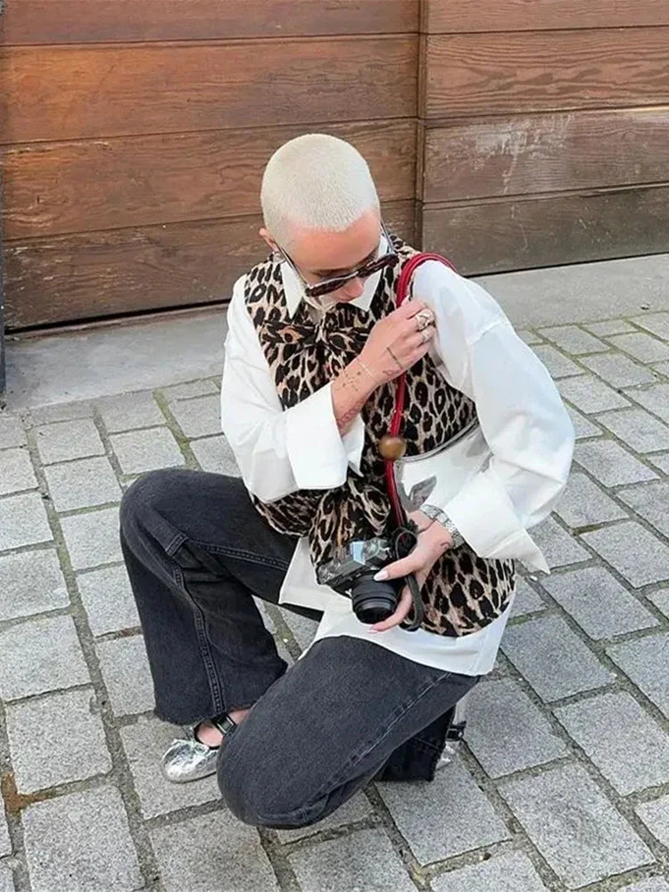 Leopard Print Bow Lace Up Vest