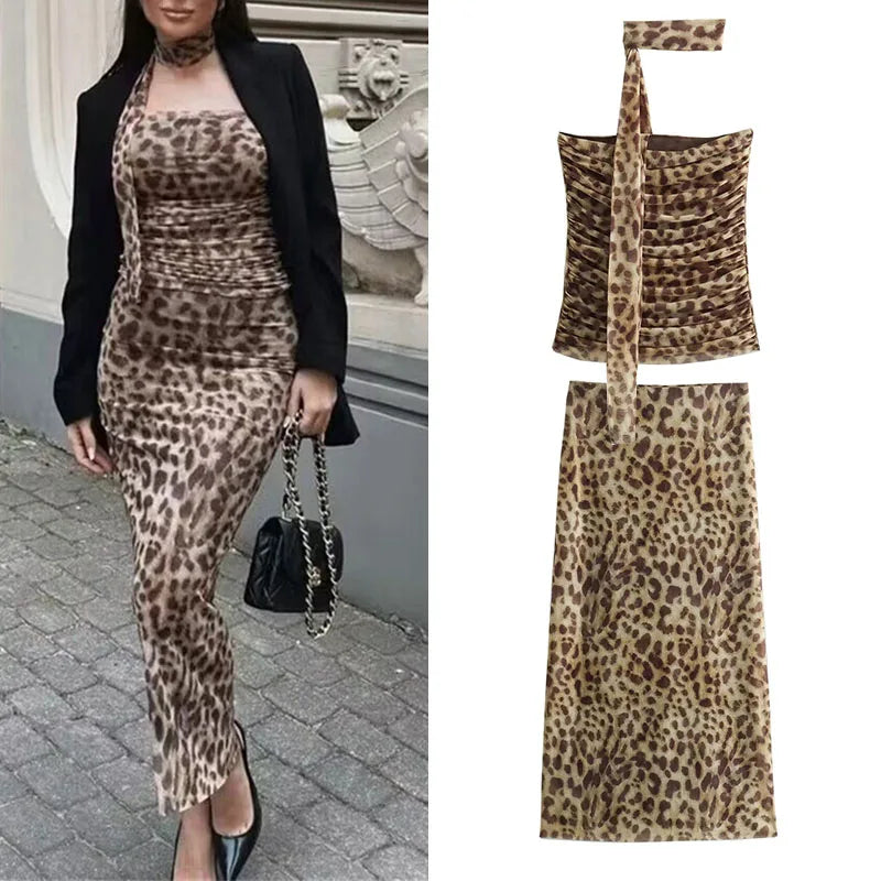 Leopard Print Crop Top and Skirt Set