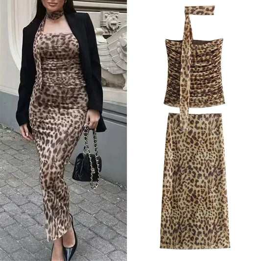 Leopard Print Crop Top and Skirt Set